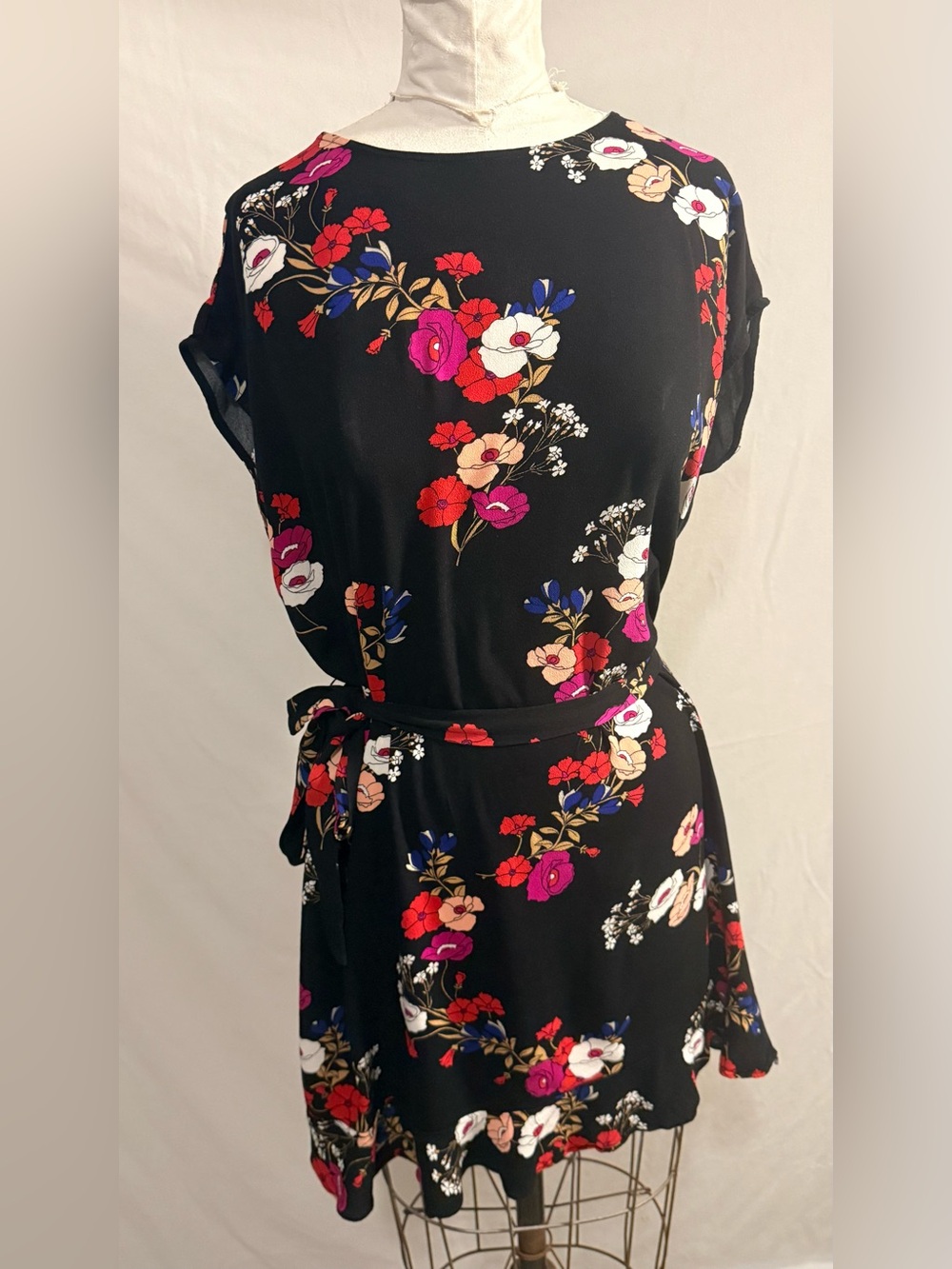 POPSUGAR Black Floral Belted Mini Dress Medium Tie Waist